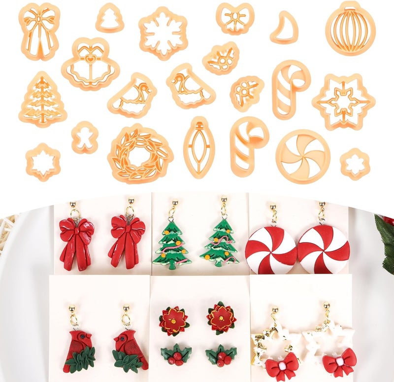 Puocaon Christmas Polymer Clay Cutters - 21 Pcs Christmas Wreath Polymer Clay Cutters for Jewelry Earrings Xmas Tree Bow Ornament Bow Cardinal Bell Swirl Candy Cane - Image 1